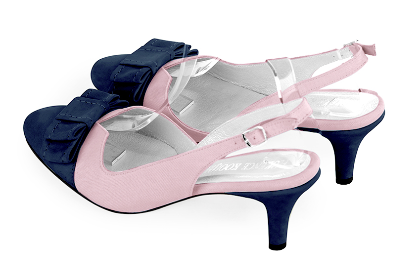 Navy blue and light pink women's open back shoes, with a knot. Round toe. Medium slim heel. Rear view - Florence KOOIJMAN